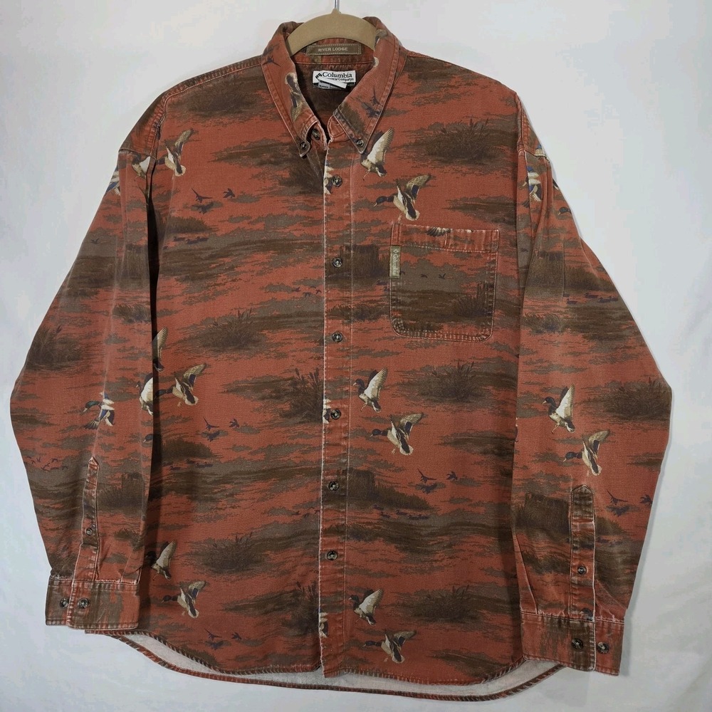 Columbia River Lodge Shirt Men XL Rust Good Mallard Duck Camo Button Down HM7041